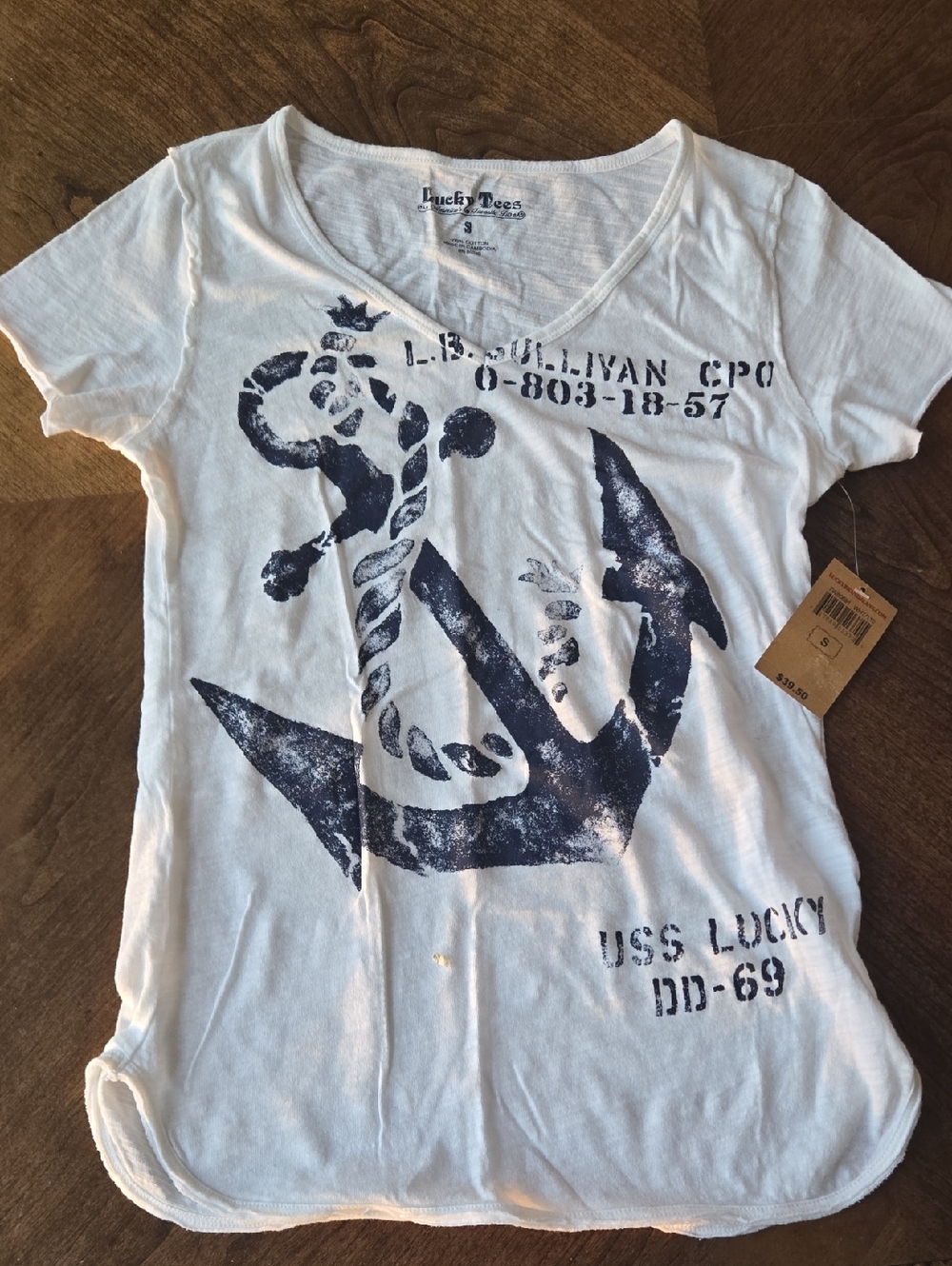 Lucky Brand White Short Sleeve Tee with Navy Anchor Graphic